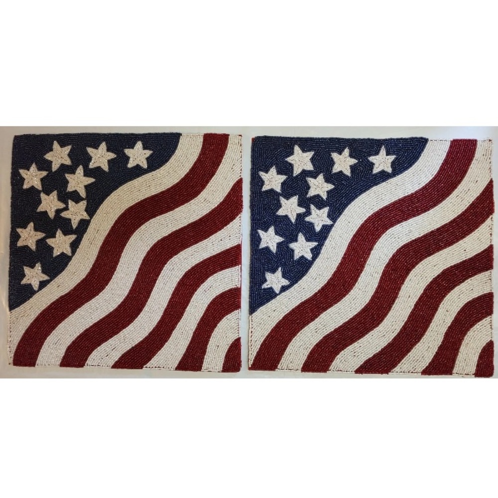 2x Patriotic Flag Beaded Placemat Charger July 4th Red White Blue Square 15x15